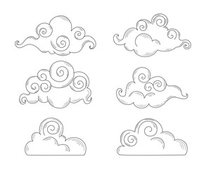Hand drawn celestial doodle clouds in Asian style. Clouds outline. White cartoon swirl clouds. Vector illustration
