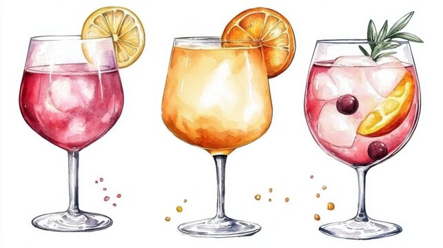 Explore delightful beverages like pink lemonade, ros&eacute; wine, and orange spritzer in this artwork.