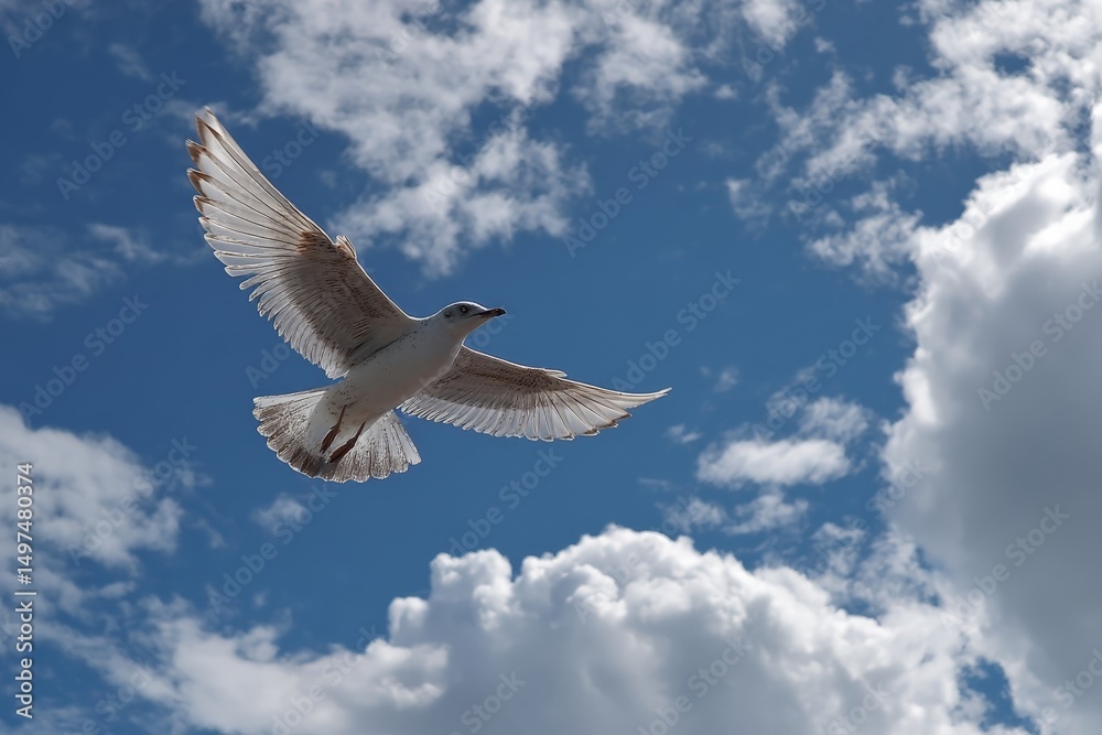 Poster bird soaring in a clear blue sky with fluffy clouds during a bright afternoon