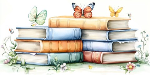 A watercolor illustration featuring a stack of vintage books complemented by a butterfly, perfect for design projects.