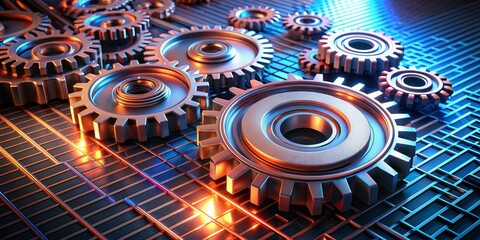 Close-up of Metal Gears Interlocking on a Blue Grid, 3D Render, Gears, Mechanism, Technology, Engineering