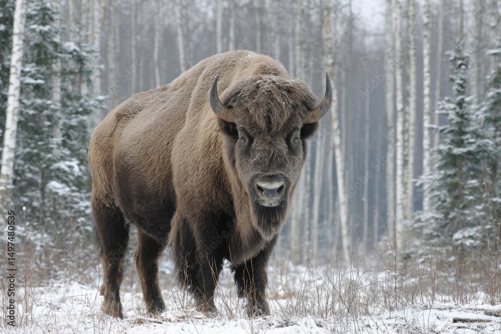 Poster snowy landscape features a large bison standing majestically among snow-covered trees in a winter fo