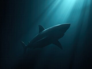 Obraz premium Distinctive shark silhouette in the murky depths, dangerous predator, lurking danger