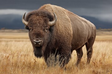Wild bison grazing in a grassy plain under a stormy sky during the late afternoon hours