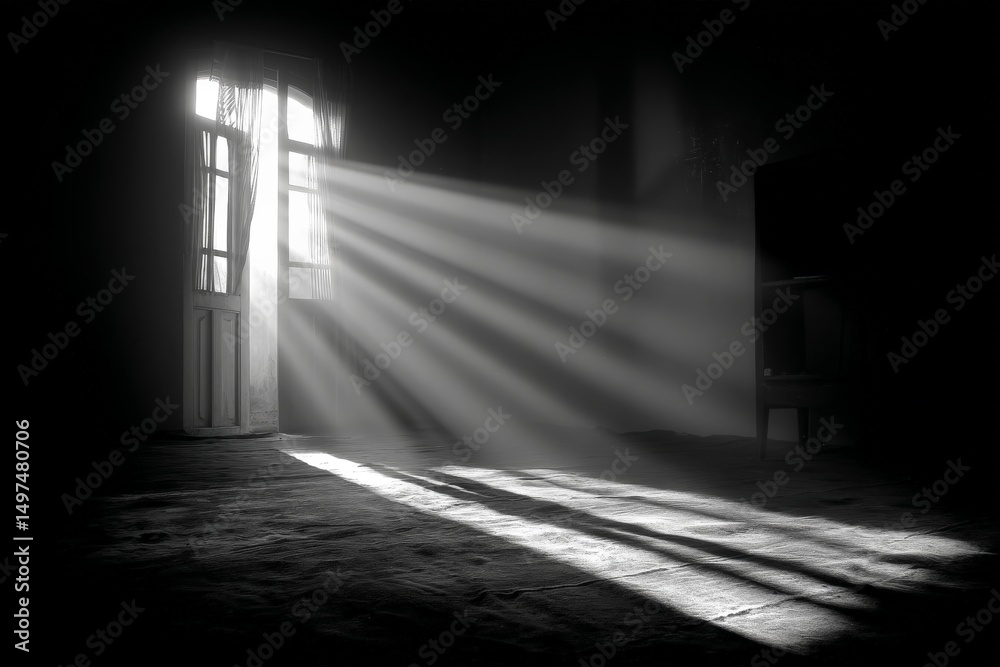 Poster Bright rays of sunlight streaming through an open window in a dimly lit room