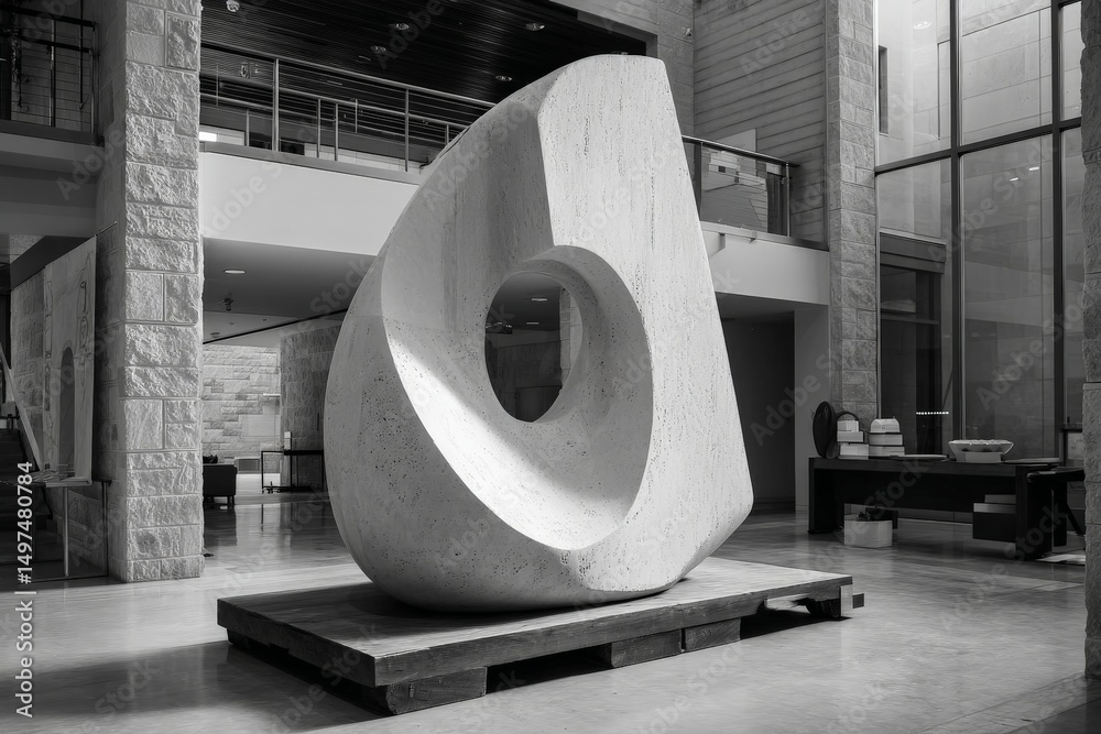 Poster modern abstract sculpture displayed in a spacious art gallery during daylight hours