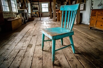 Bright turquoise chair placed in rustic wooden interior of an old barn during daytime