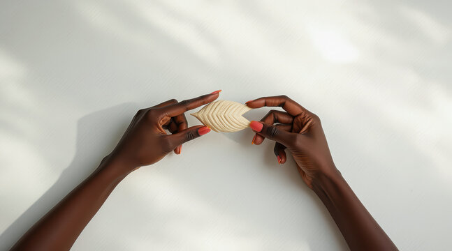 person delicately holds and examines a textured pale-colored wooden sculpture.