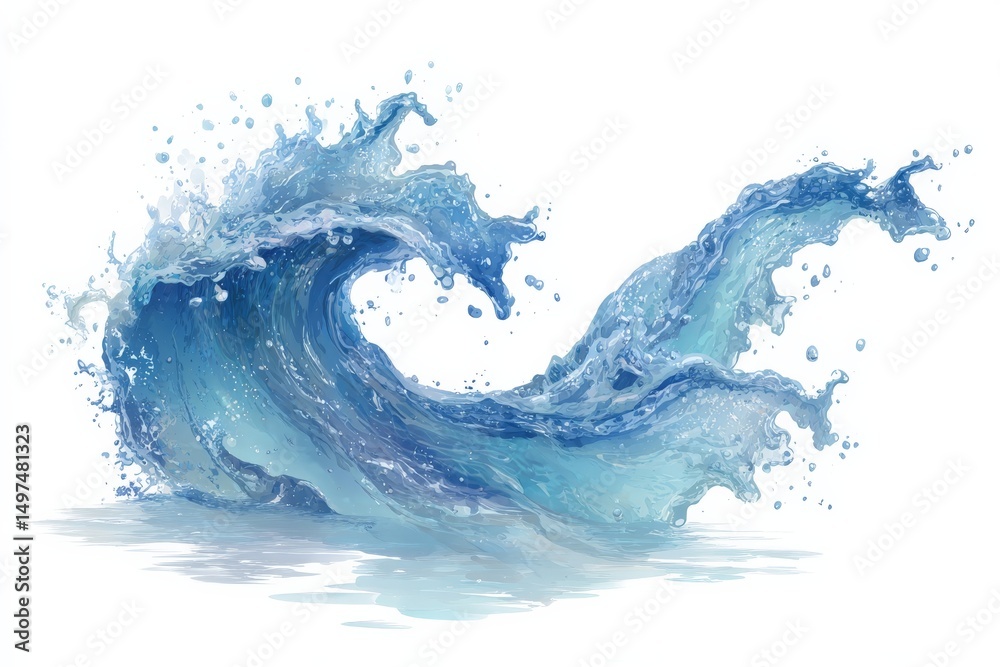 Poster dynamic ocean wave splashing mid-crest with vivid blue tones in daylight