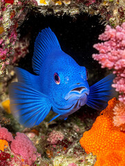 Vibrant Blue Damselfish in Coral Reef Underwater Photography