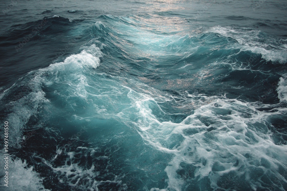 Poster Waves crashing against the shore during a tranquil evening in a coastal area, creating beautiful patterns on the water surface