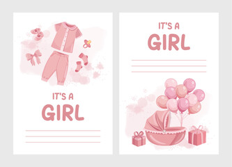 Pink greeting card congratulations for new born girl with baby stroller presents clothes