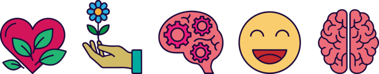 Fototapeta premium A set of simple and minimalistic mental health icons, in the form of a smiley, brain, heart, flower and leaf.