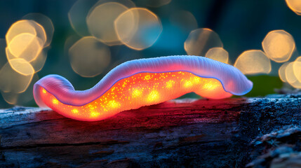 Obraz premium Glowing otherworldly worm traversing a textured log amidst shimmering orbs of light