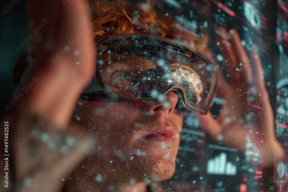 Poster Young person engages with augmented reality technology in a futuristic setting with digital data displays
