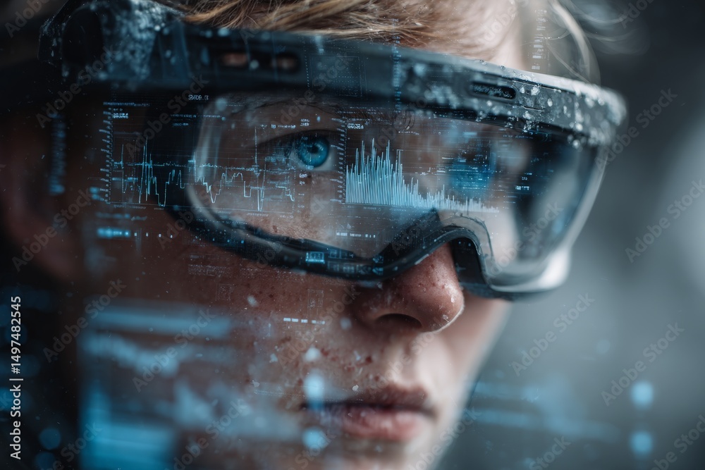 Aufkleber High-tech user engaged with augmented reality technology in a futuristic setting at dusk