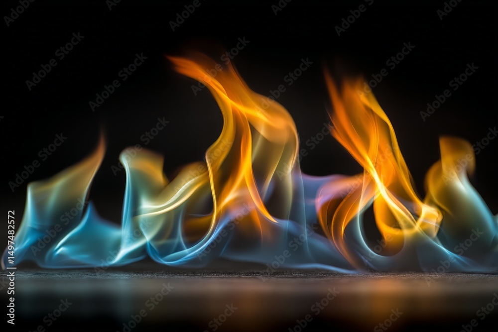 Poster flames dance in vibrant hues creating a mesmerizing display of fire and color in darkness