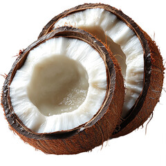 Fresh coconuts halved close up healthy food tropical fruit for sale stock on transparent background