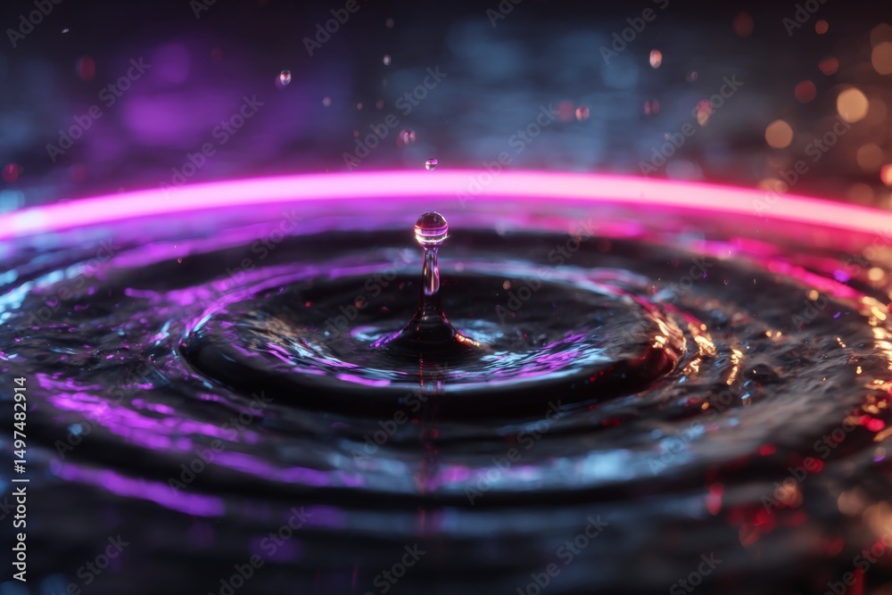 Poster vibrant colored water droplets creating ripples in a dark setting with neon light reflections at nig