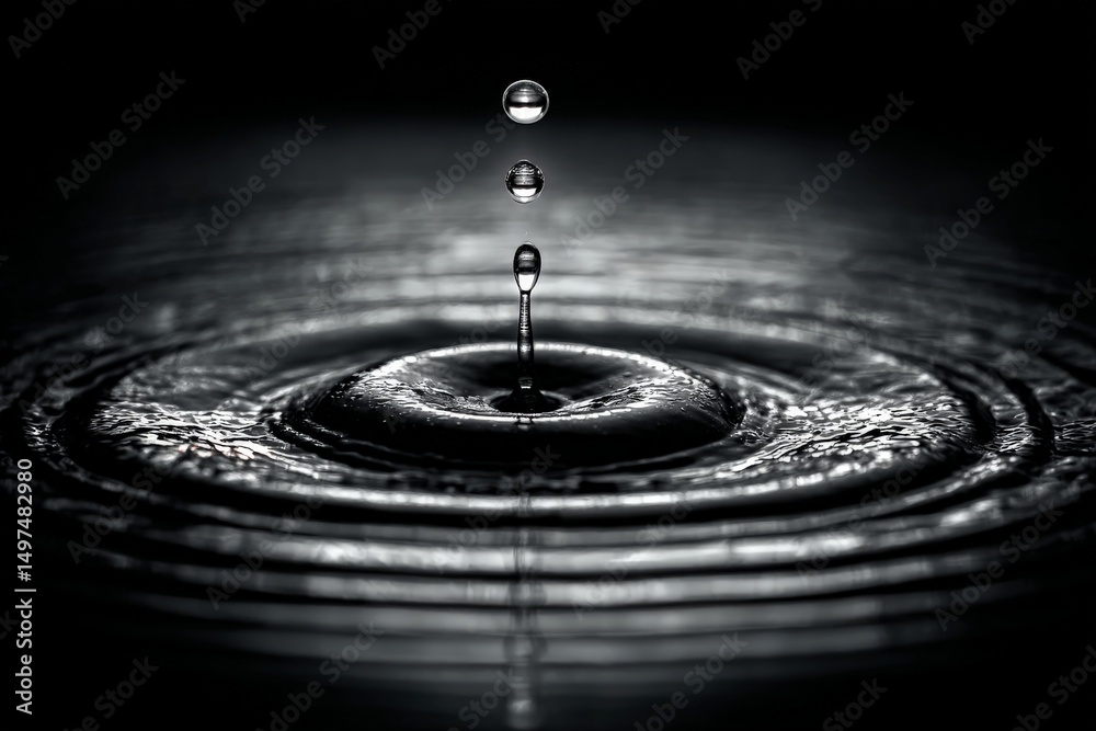 Poster water droplet creates ripples in a dark environment highlighting fluid dynamics and motion