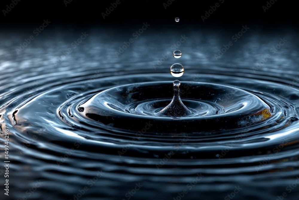 Poster Ripples form on the surface of water as a drop falls, creating a mesmerizing effect during a serene moment