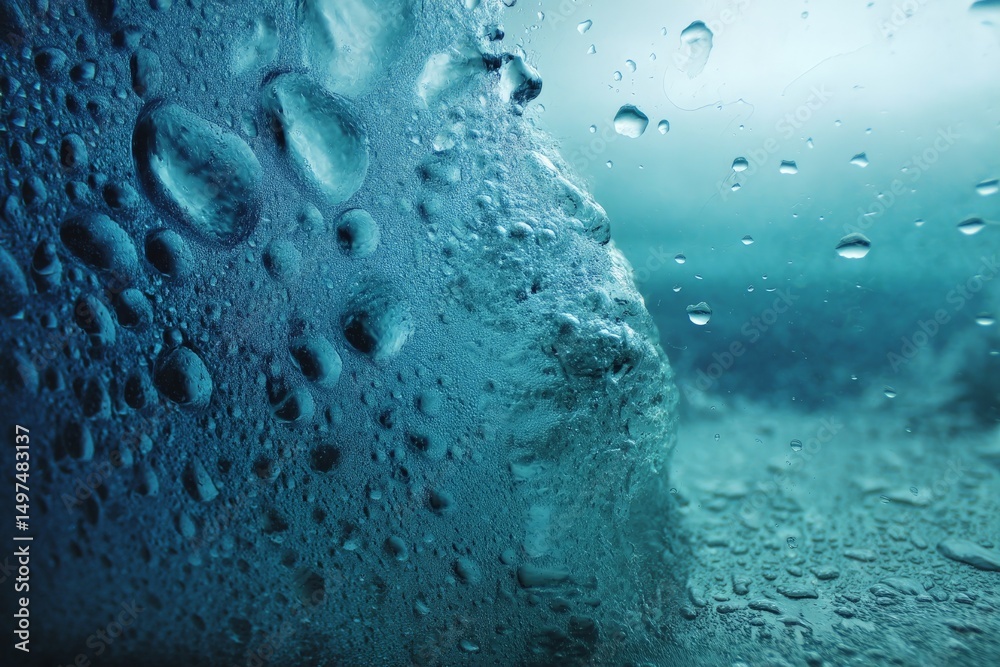 Poster water droplets on glass creating a mesmerizing underwater effect in a serene aquatic environment