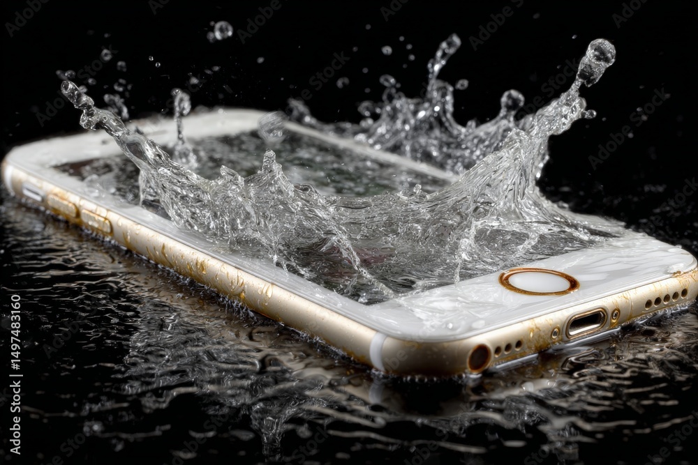Poster Water splashes dramatically around a smartphone submerged in liquid on a reflective surface during a high-speed capture