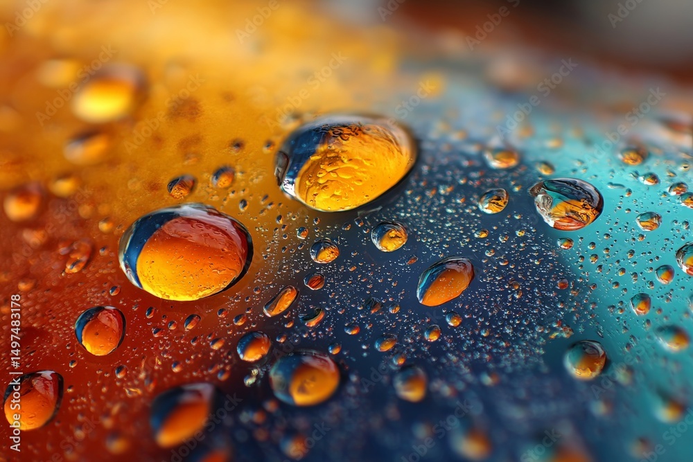 Aufkleber Vibrant water droplets on a colorful surface create a mesmerizing abstract pattern during daylight hours