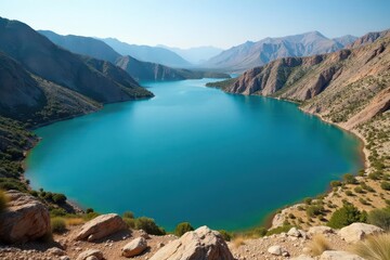 Obraz premium Irregular shaped lake with meandering shoreline, rocky outcrops, summer, pond, pattern