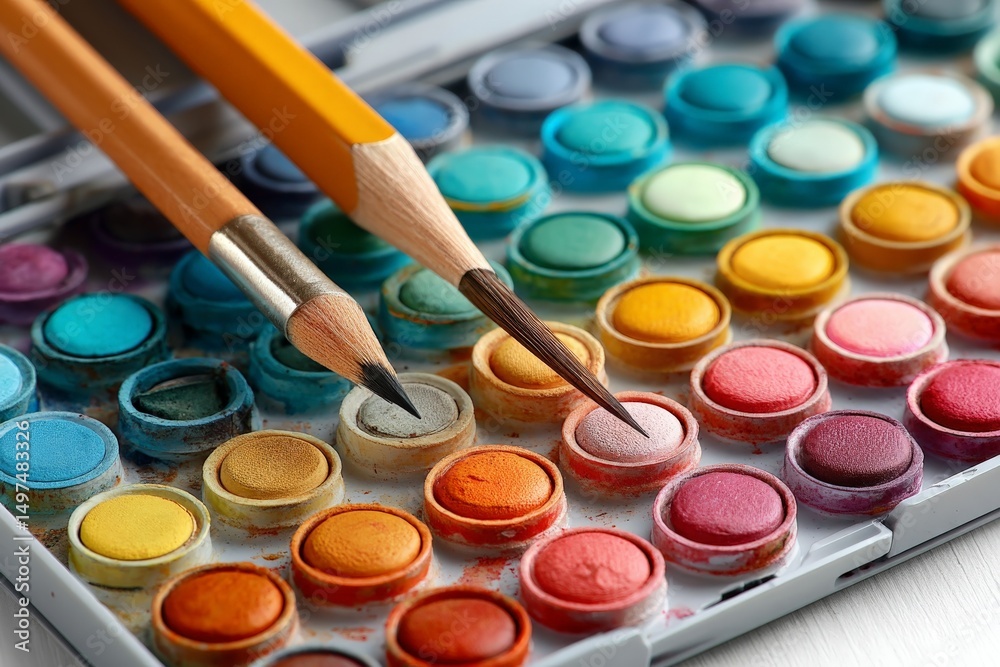 Poster colorful watercolor palette with brushes and pencils arranged neatly on a crafting table for artisti