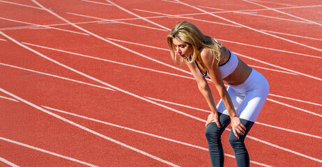 Tired sportswoman. Sports, race and an athlete runner, fitness, running or exercise on track. Tired...