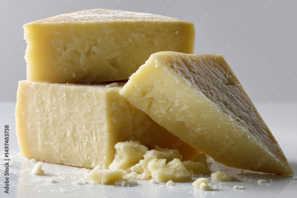 Poster delicious chunks of aged cheese on a clean surface showcasing textures and colors