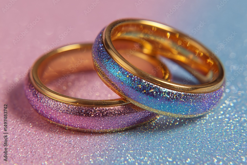 Poster Shimmering rings with colorful gradient design on a sparkling backdrop captured in soft lighting
