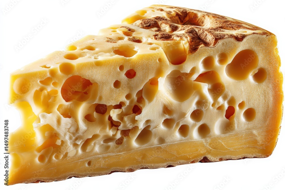 Poster delicious cheese wedge with holes showing texture and color in a bright light
