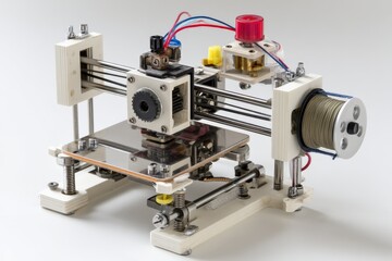 Fototapeta premium Small 3D printer with multiple components ready for precise printing in a workshop setting