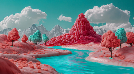 Synthetic food world landscape vivid dyed jelly hills blue soda rivers green frosting trees imaginative dystopian tone vibrant colors playful yet thought provoking commentary on processed foods.