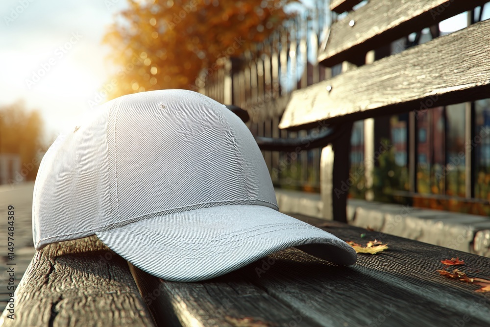 Poster sunset light illuminating a subtle gray cap resting on a park bench surrounded by autumn foliage