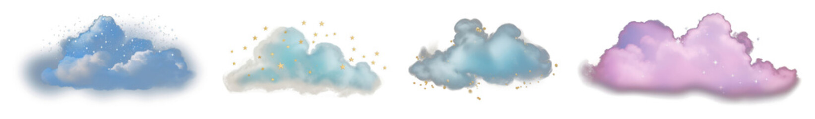 Obraz premium PNG Four decorative clouds with stars and pastel colors element set on transparent background.