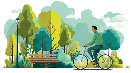 Man Cycling Through Lush Green Park