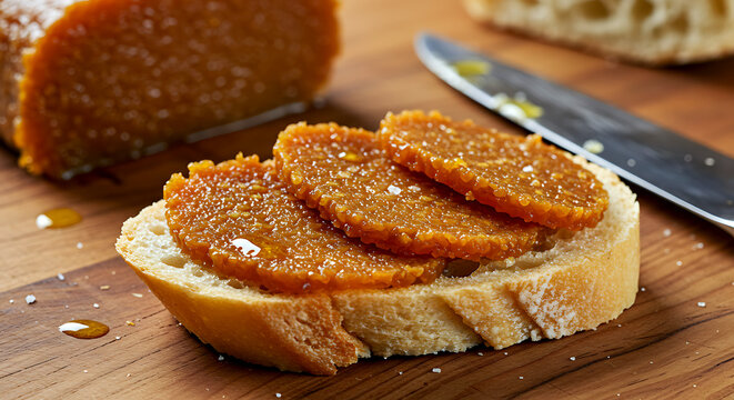 Sardinian bottarga - amber-colored cured mullet roe sliced thinly over golden pane carasau bread 