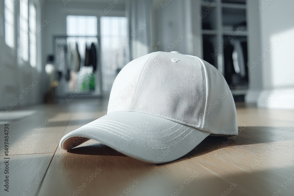 Poster white cap placed on wooden floor in bright room with sunlight streaming through windows and clothes 