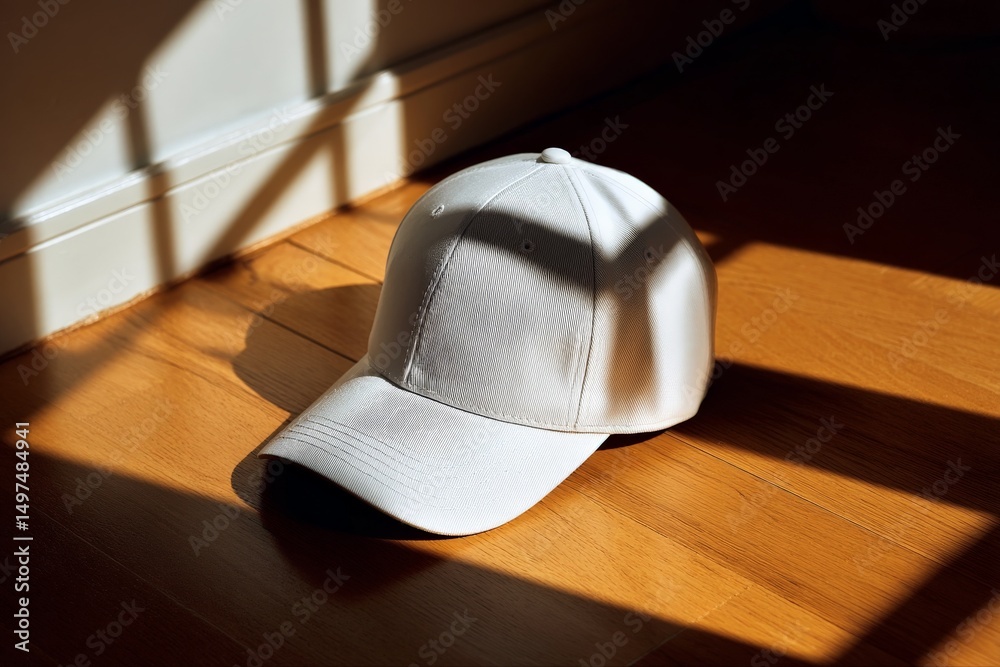 Poster white cap resting on wooden floor bathed in warm sunlight creating interesting shadows in a serene i