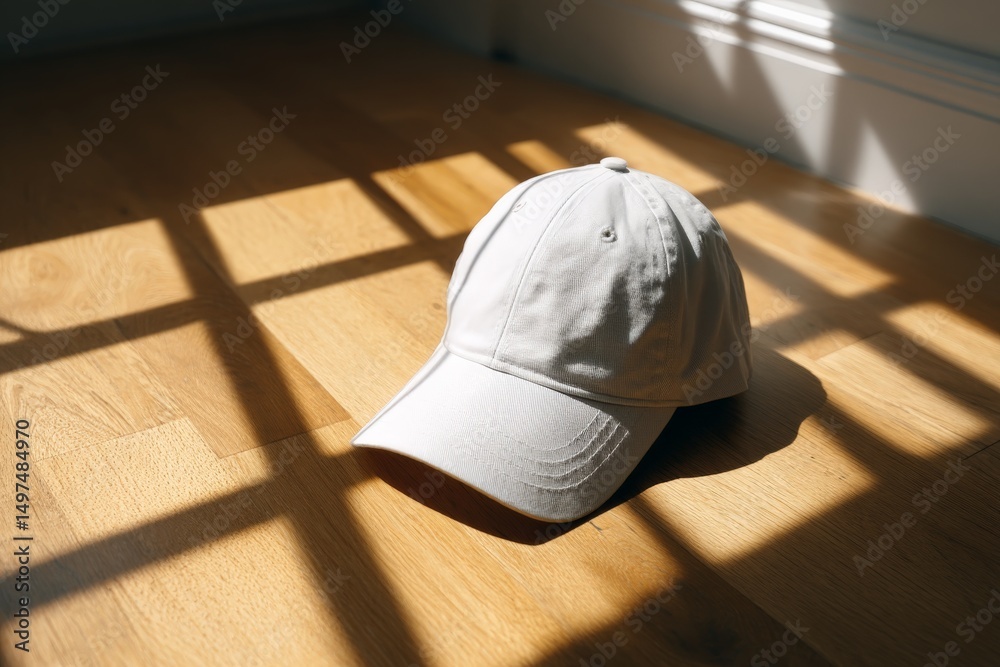 Poster sunlight casts shadows on a white cap resting on a wooden floor in a cozy indoor setting