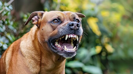 Obraz premium Close-up portrait of an aggressive barking dog showcasing its teeth.