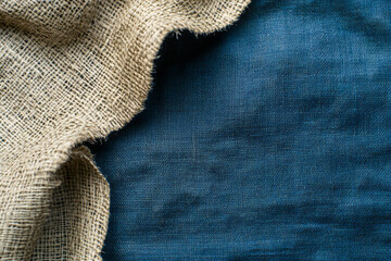 A close-up of textured fabric featuring a natural burlap material on one side and a smooth, dark blue fabric on the other. The contrast highlights the different textures and colors.