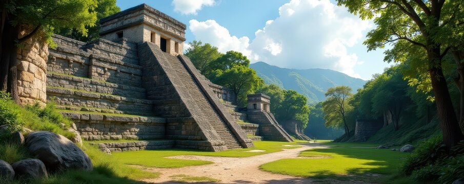 Ancient Mayan temple ruins, intricate stone carvings , carving, site