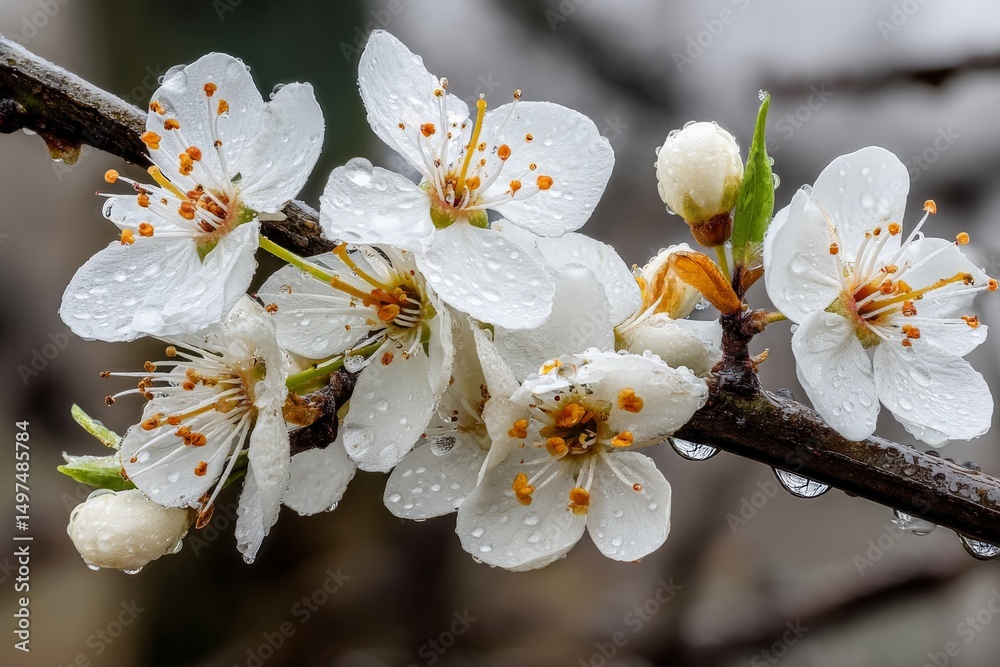 Poster beautiful white flowers with raindrops on a branch in springtime nature setting