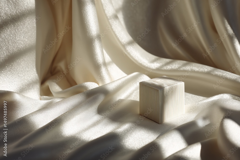 Poster Light dances on a textured cube placed on elegant satin fabric in a serene, soft-toned setting