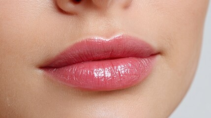 Fototapeta premium Close-up of smooth glossy pink lips with natural makeup and perfect skin in beauty and skincare concept