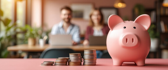 pink piggy bank sits on a table surrounded by coins with a blurred couple working in the background.